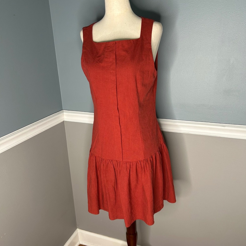 WAYF Rust Orange Linen Blend Drop Waist martini Mini Dress Size M